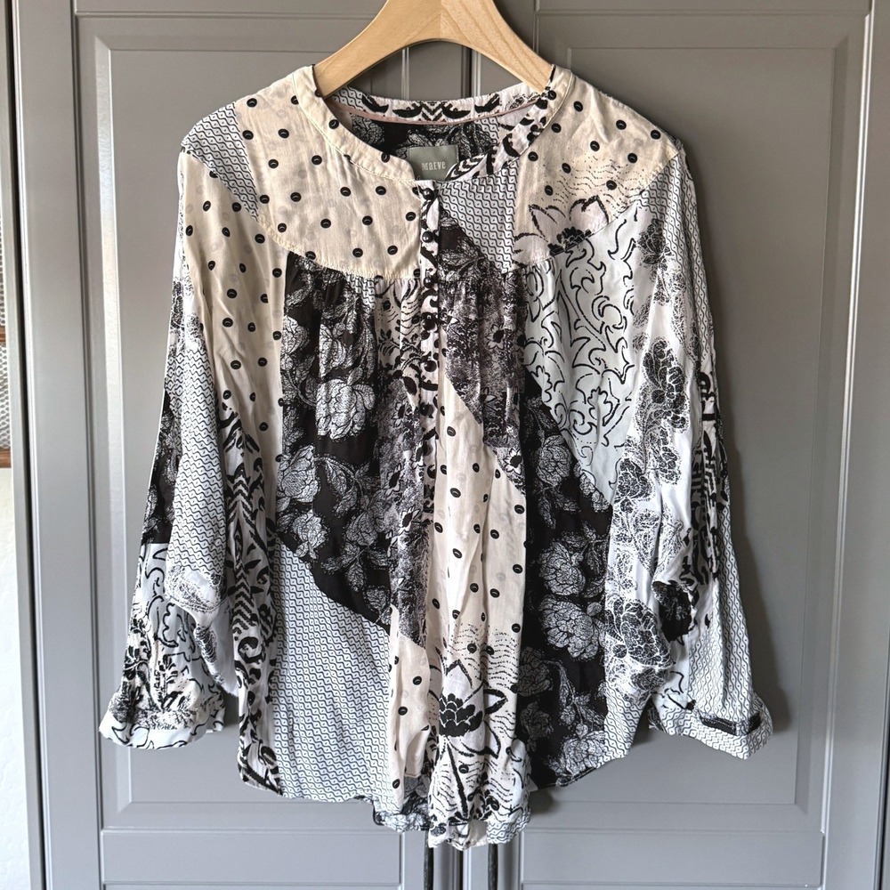 Anthropologie Maeve Linden Floral Patchwork Dolman‎ Blouse, Black Cream, S